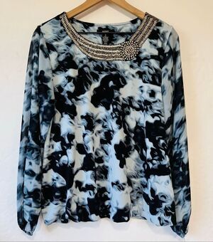 Alfani Abstract Black, White And Blue Print Top Size M NWT
